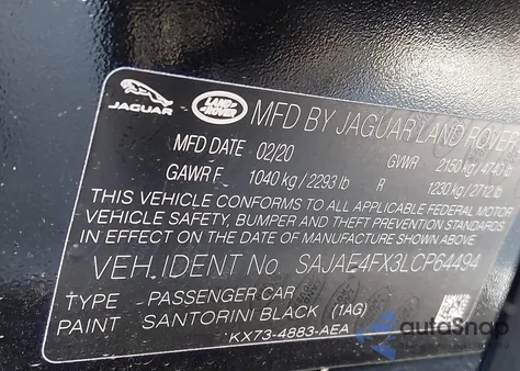 2020 Jaguar Xe S Rwd Automatic z USA, uszkodzony, nr VIN SAJAE4FX3LCP64494